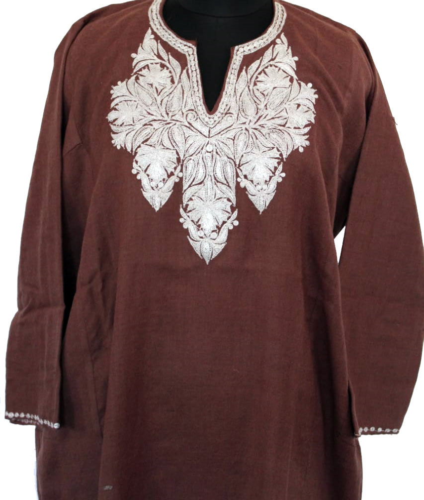 Brown Pure Raffal Pheran With Silver Tilla Embroidery