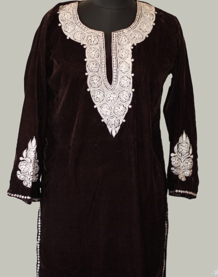 Dark Brown Makhmal Tilla Kurta With Tilla Embroidery