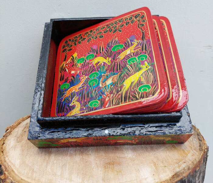 Set of 6 Handmade Deer Design Paper Mache Square Coasters in a Box - Image 2