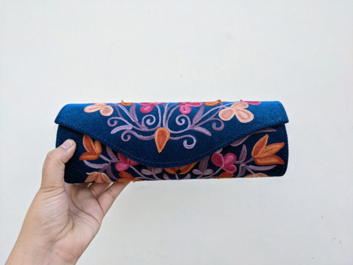 Indigo Blue Cylindrical Shaped Clutch with Aari Embroidery