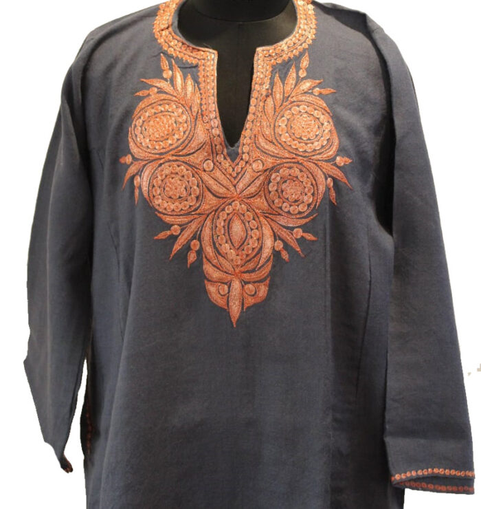 Dark Grey Raffal Pheran With Tilla Embroidery
