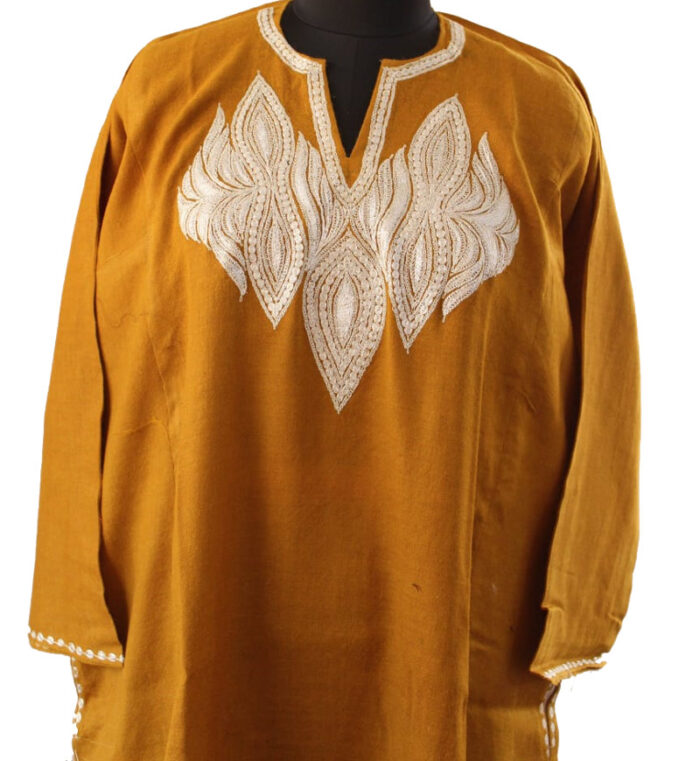 Dark Mustard Pure Raffal Pheran With Tilla Embroidery