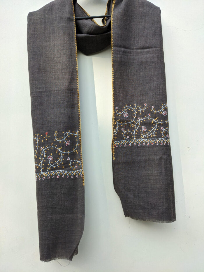 Grey Polywool Stole With Hand Sozni Work