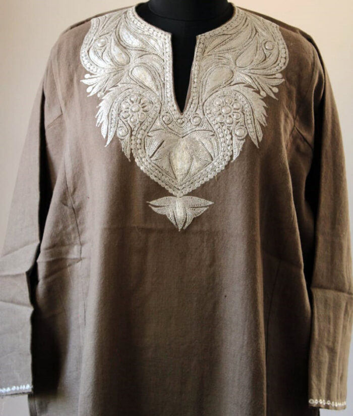 Pure Raffal Wool Khaki Color Pheran With Silver Tilla Work