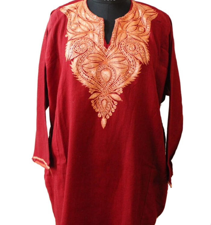 Maroon Pure Raffal Pheran With Tilla Embroidery