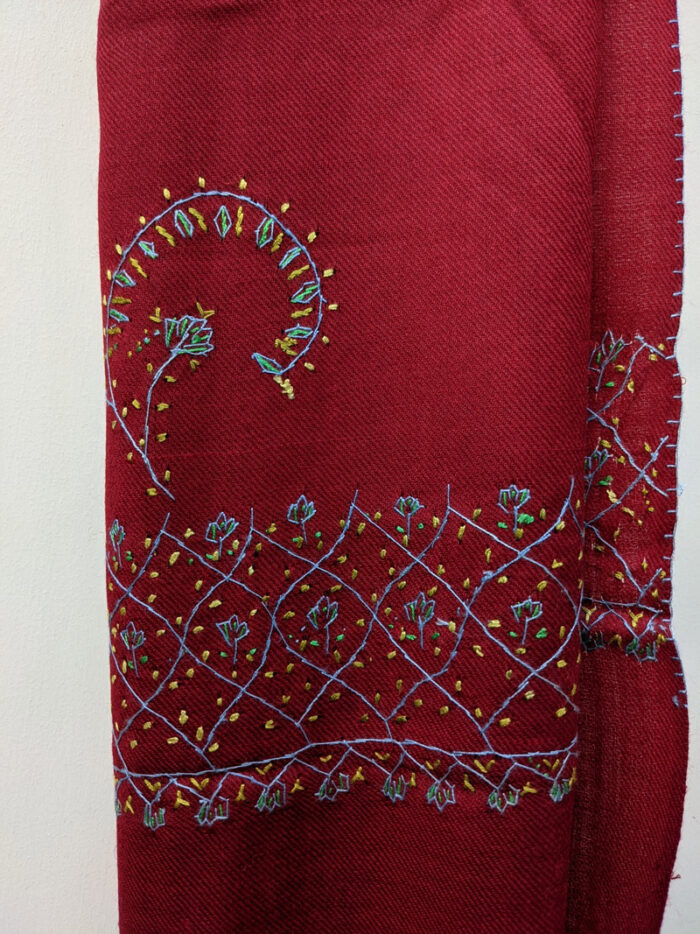 Maroon Polywool Stole With Hand Sozni Work - Image 2