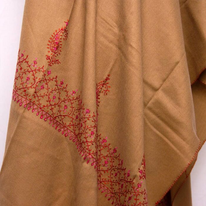 Beige Polywool Stole With Hand Sozni Work - Image 2
