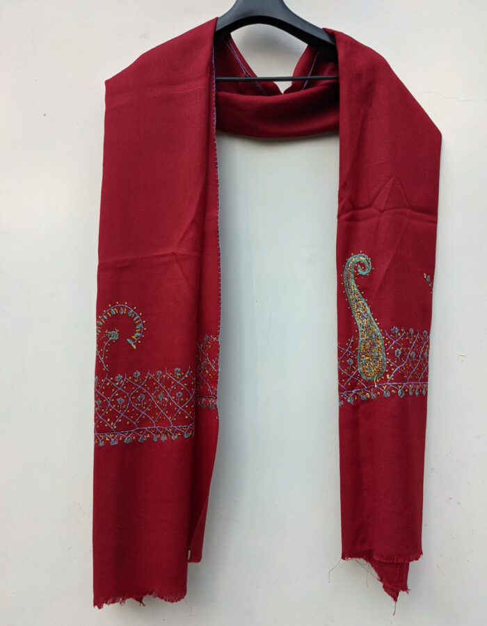 Maroon Polywool Stole With Hand Sozni Work