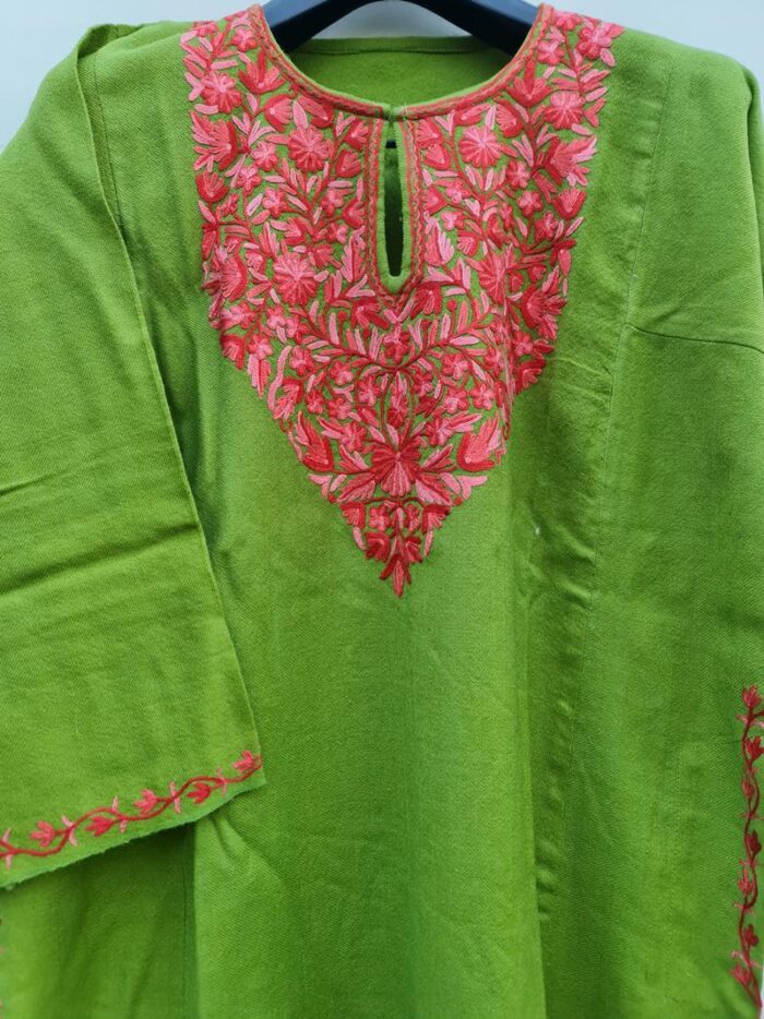 Pure Raffal Wool Green Pheran With Hand Aari Work - Image 2