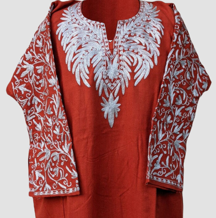 Rust Orange Cashmilon Pheran With Tilla Naal and Arm Jaal