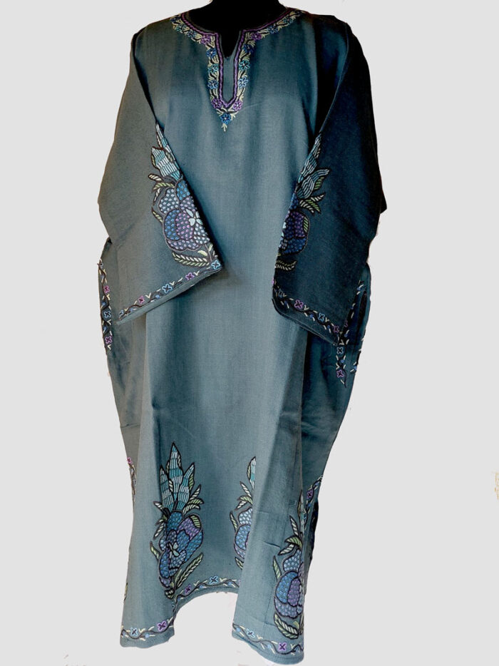 Grey Pure Raffal Pheran With Unique and Beautiful Hand Aari Work - Image 2