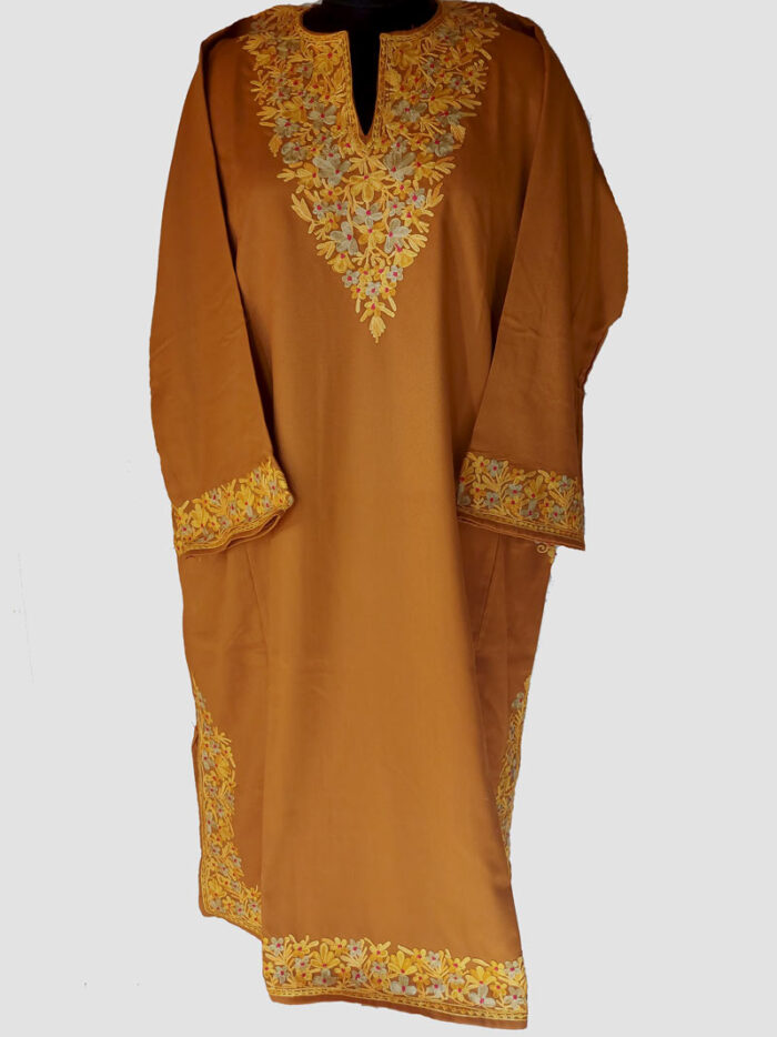 Tweed Dark Mustard Pheran With Aari Work - Image 2