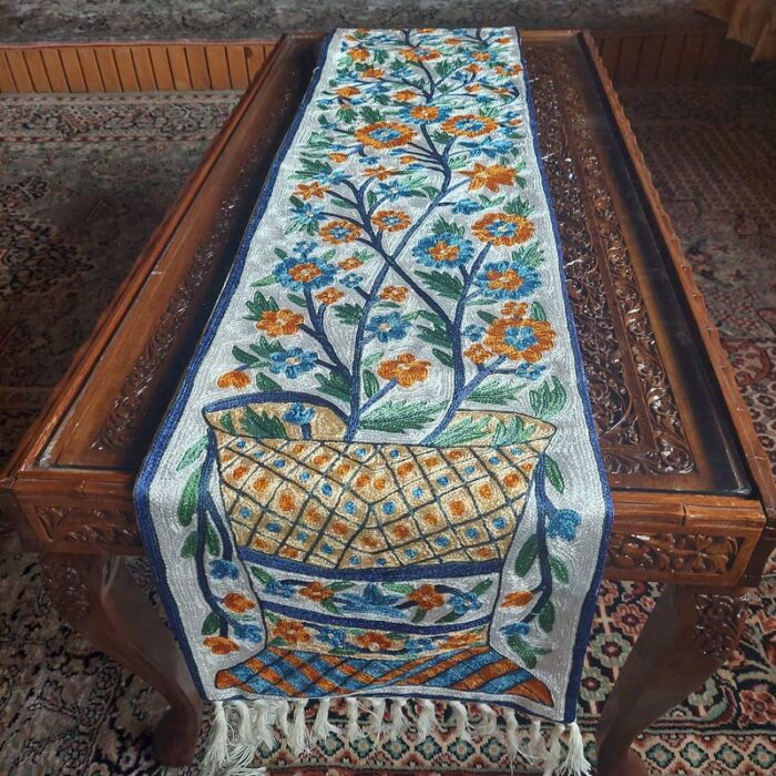 Silver Flower Pot Chain Stitch Embroidered Table Runner (5x1ft) - Image 2