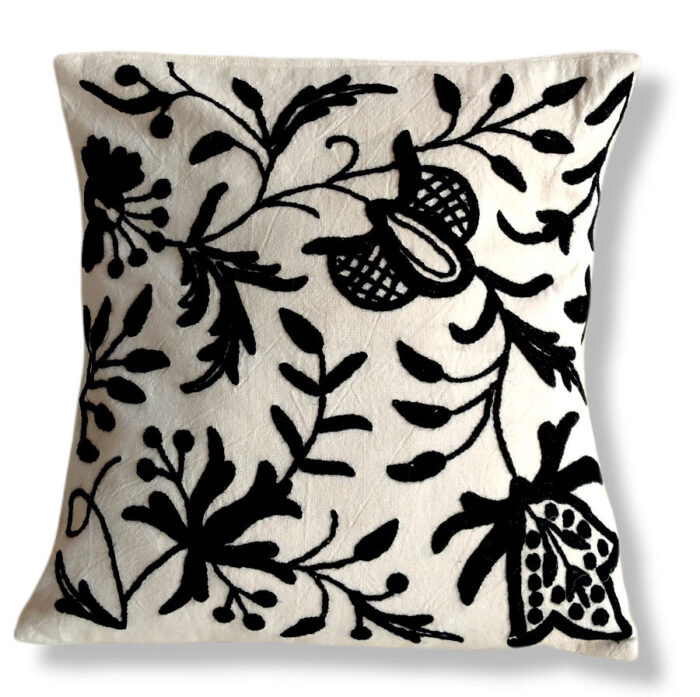 Black and White Hand Embroidered Crewel 16×16 Cushion Cover