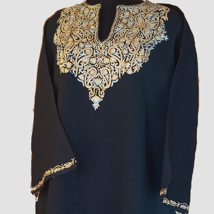 Pure Raffal Wool Black Pheran With Hand Aari Work
