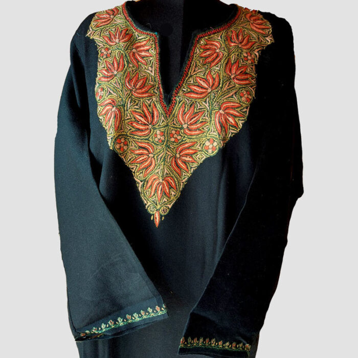 Pure Raffal Wool Black Pheran With Hand Sozni Work