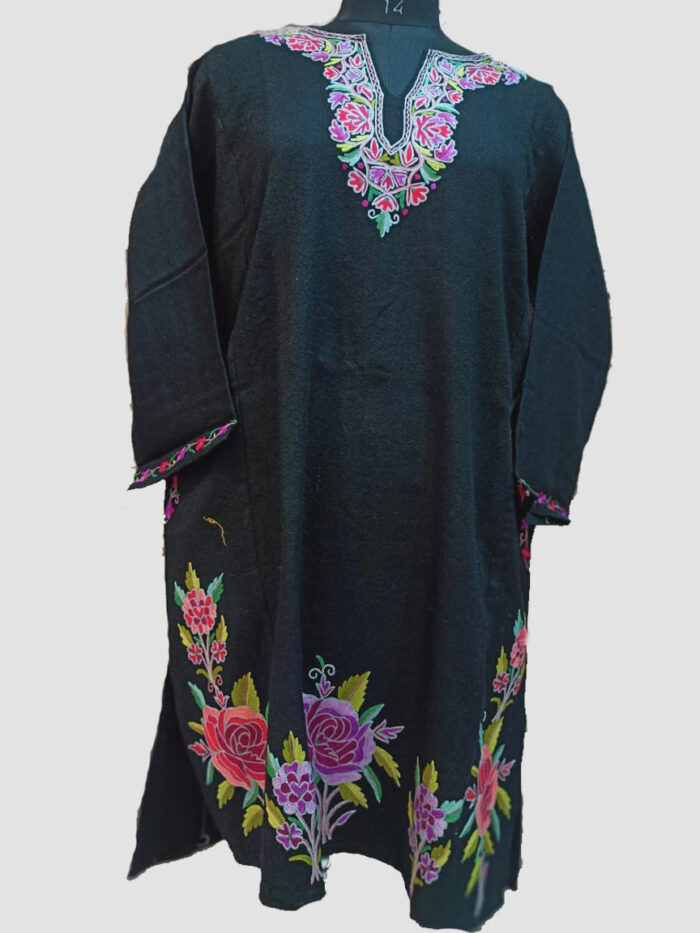 Black Pure Raffal Pheran With Unique and Beautiful Hand Aari Work - Image 2