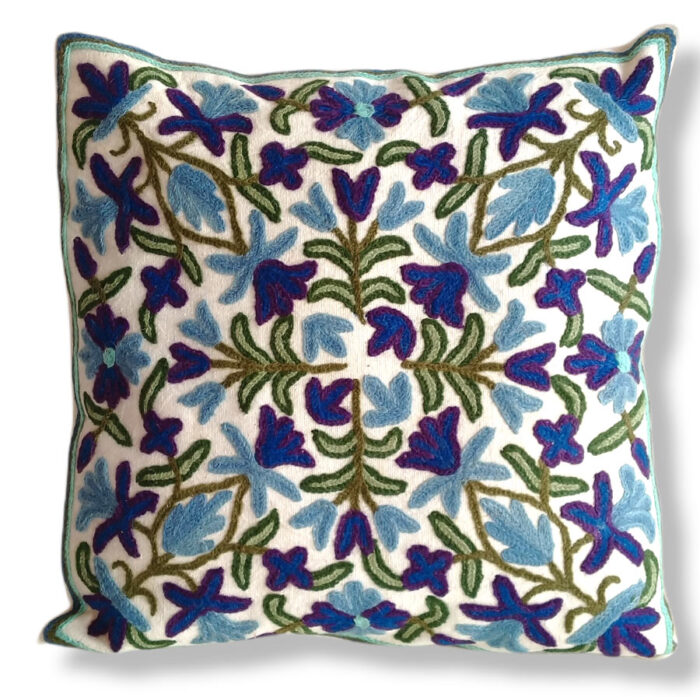 Blue Hand Embroidered Crewel 16×16 Cushion Cover