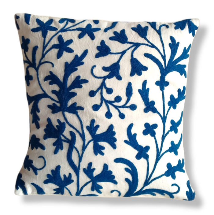 Blue Floral Hand Embroidered Crewel 16×16 Cushion Cover