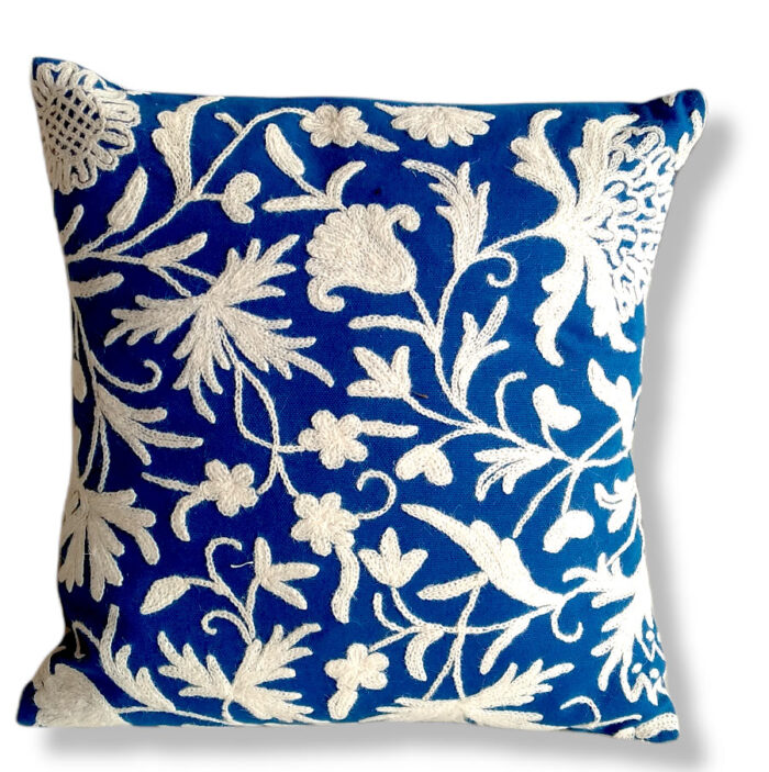 Blue White Hand Embroidered Crewel 16x16 Cushion Cover