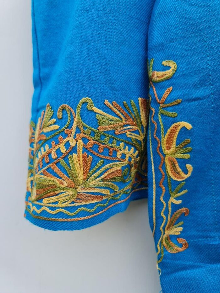 Blue Cashmilon Pheran With Neat Aari Work - Image 3