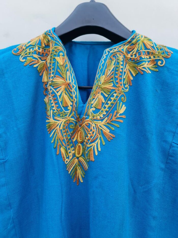 Blue Cashmilon Pheran With Neat Aari Work - Image 2