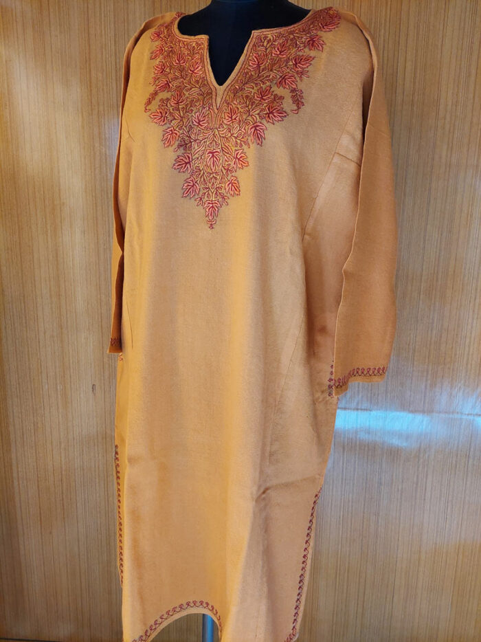Pure Raffal Wool Orange Pheran With Hand Sozni Work - Image 2