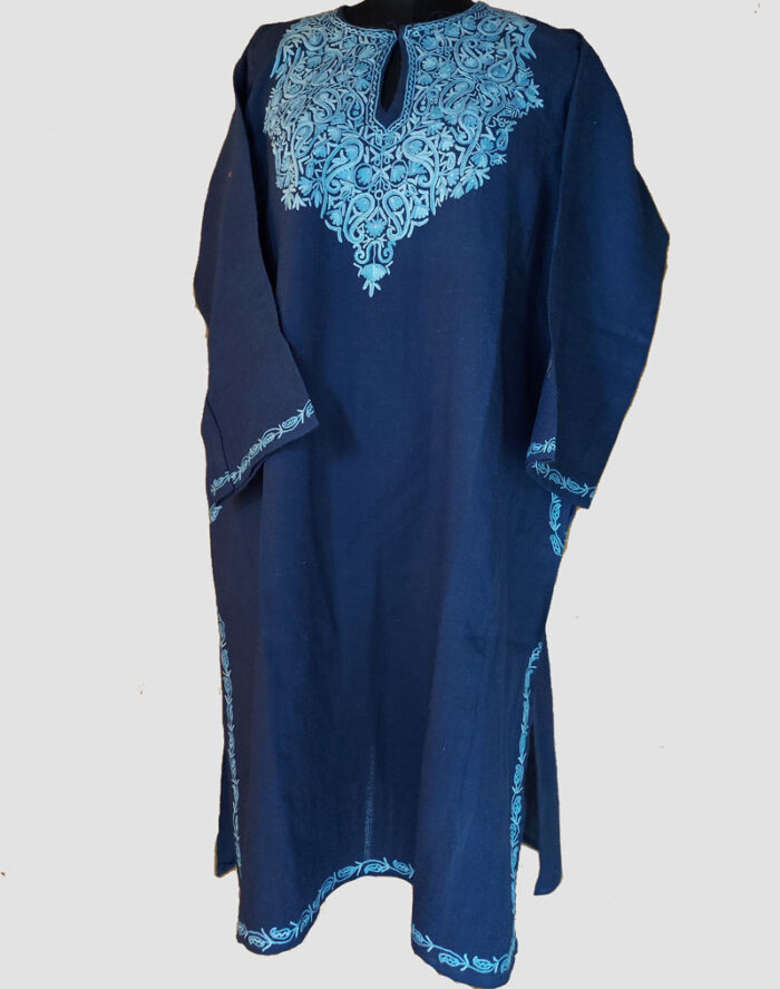 Pure Raffal Wool Blue Pheran With Hand Aari Work - Image 2