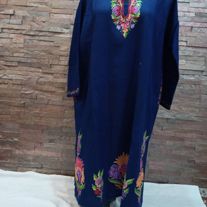 Blue Pure Raffal Pheran With Beautiful Hand Aari Work - Image 3