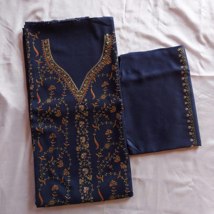3Pc Dark Blue Wool Handwork Suit With Stole