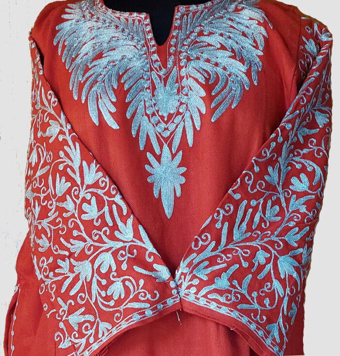 Rust Orange Cashmilon Pheran With Tilla Naal and Arm Jaal - Image 2