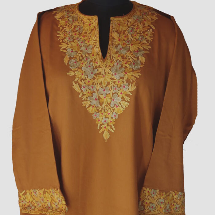 Tweed Dark Mustard Pheran With Aari Work