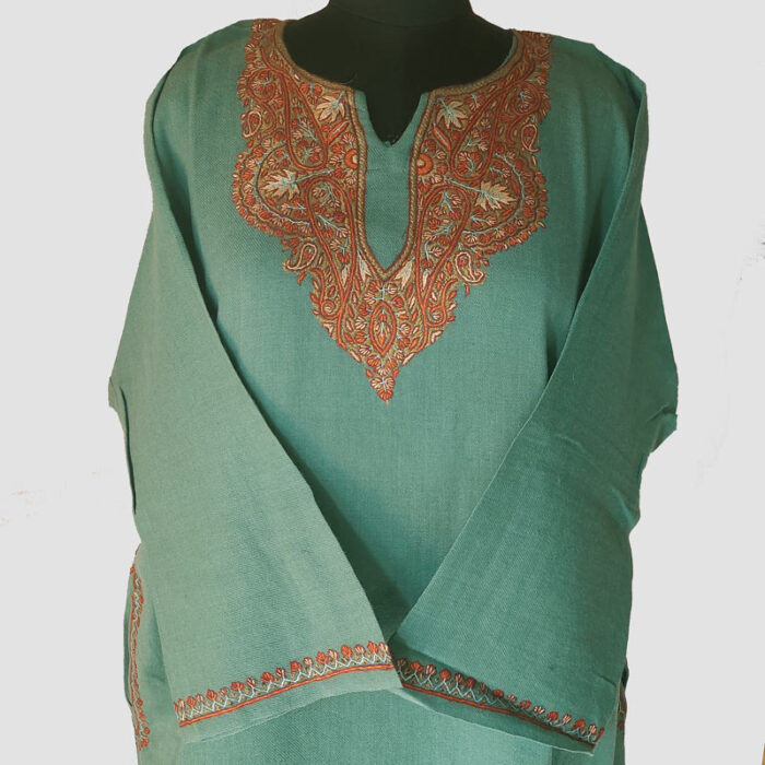 Green Raffal Wool Pheran With Chinar Leafs Hand Sozni Work