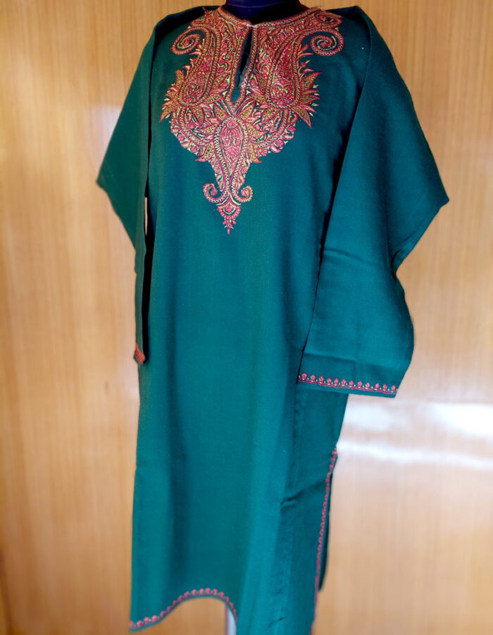 Pure Raffal Wool Green Pheran With Hand Sozni Work - Image 2