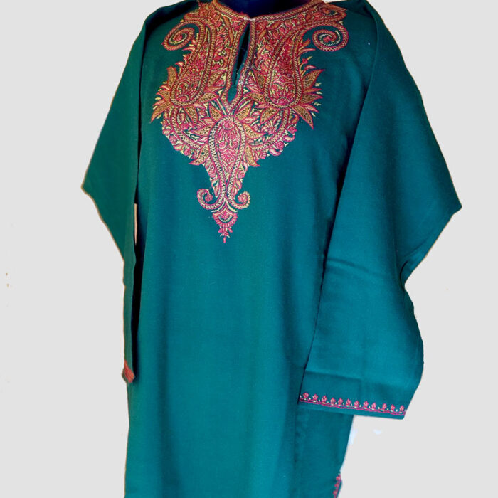 Pure Raffal Wool Green Pheran With Hand Sozni Work