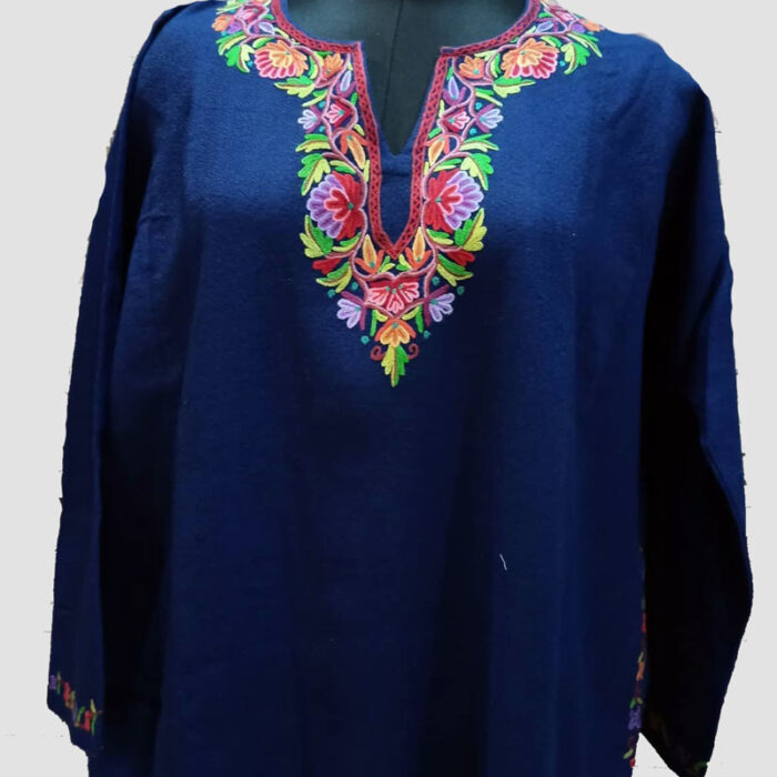Blue Pure Raffal Pheran With Beautiful Hand Aari Work