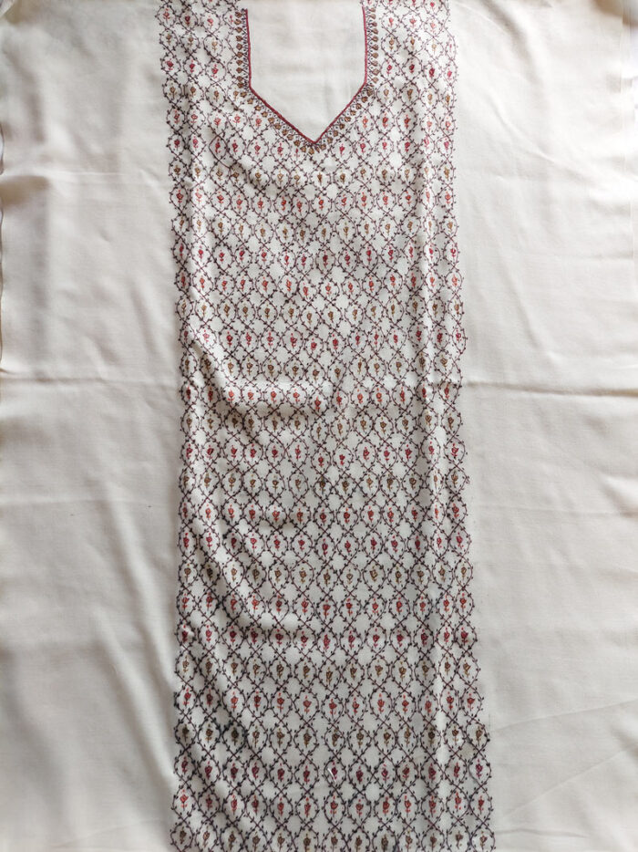 3Pc White Wool Jali Handwork Suit With Stole - Image 2