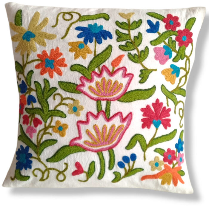 Lotus Hand Embroidered Kashmiri Crewel 16×16 Cushion Cover