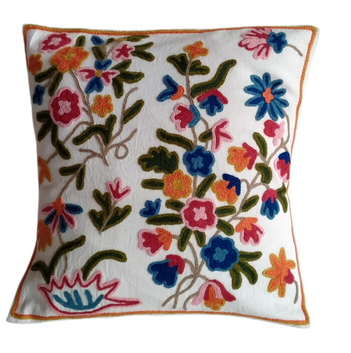 Beautiful Floral Hand Embroidered Crewel 16×16 Cushion Cover