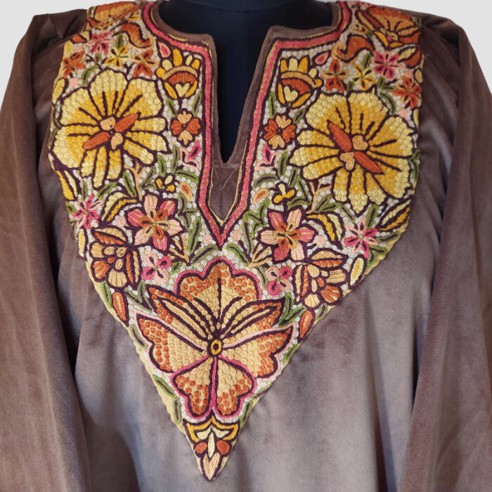 Premium Light Brown Velvet Pheran With Handwork - Image 2