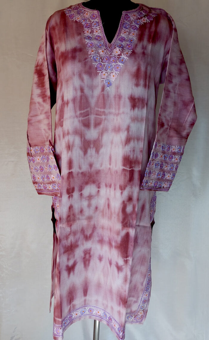 Purple Tie and Dye Cashmilon Pheran with Aari Work - Image 2