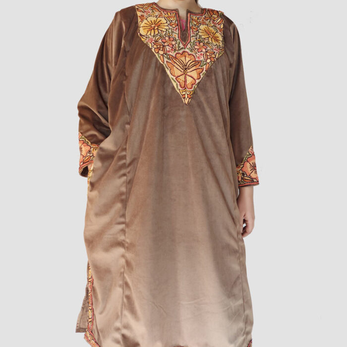 Premium Light Brown Velvet Pheran With Handwork - Image 4