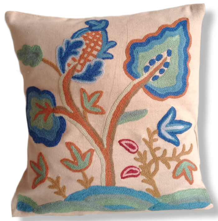 Light Orange Base Hand Embroidered Crewel 16×16 Cushion Cover