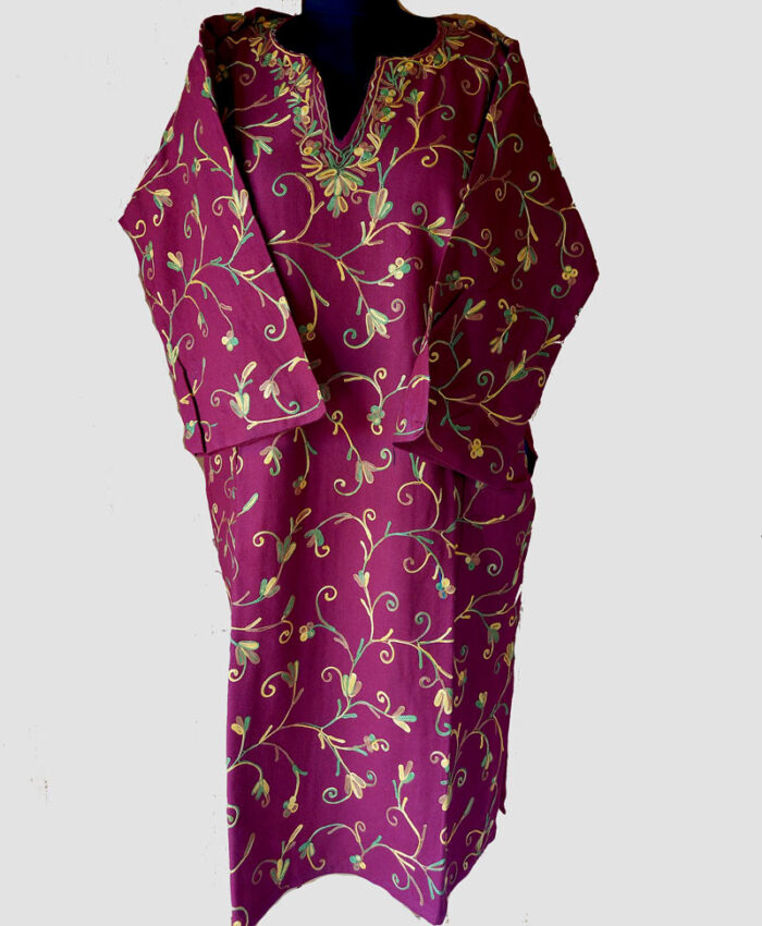 Maroon Jali Aari Work Cashmilon Pheran - Image 2