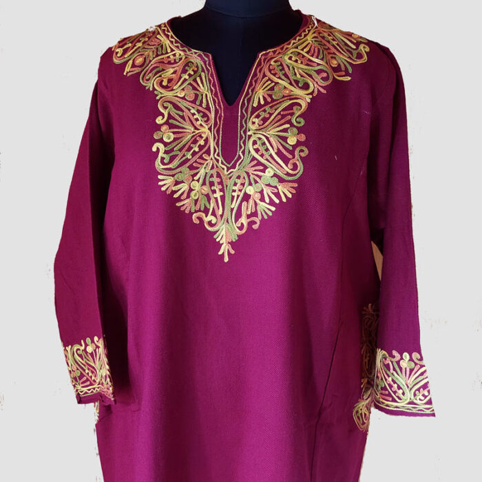 Maroon Naal Kashmiri Aari Work Cashmilon Pheran