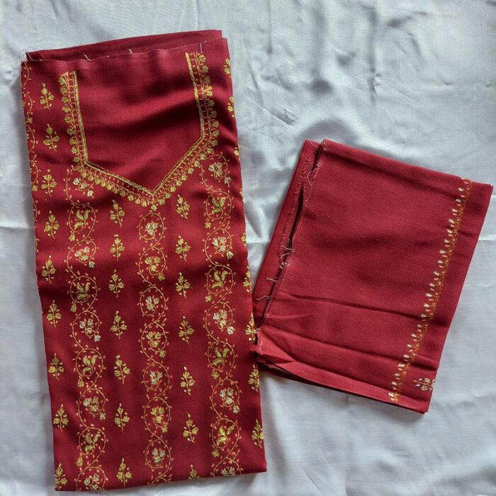 3Pc Maroon Wool Handwork Suit With Stole