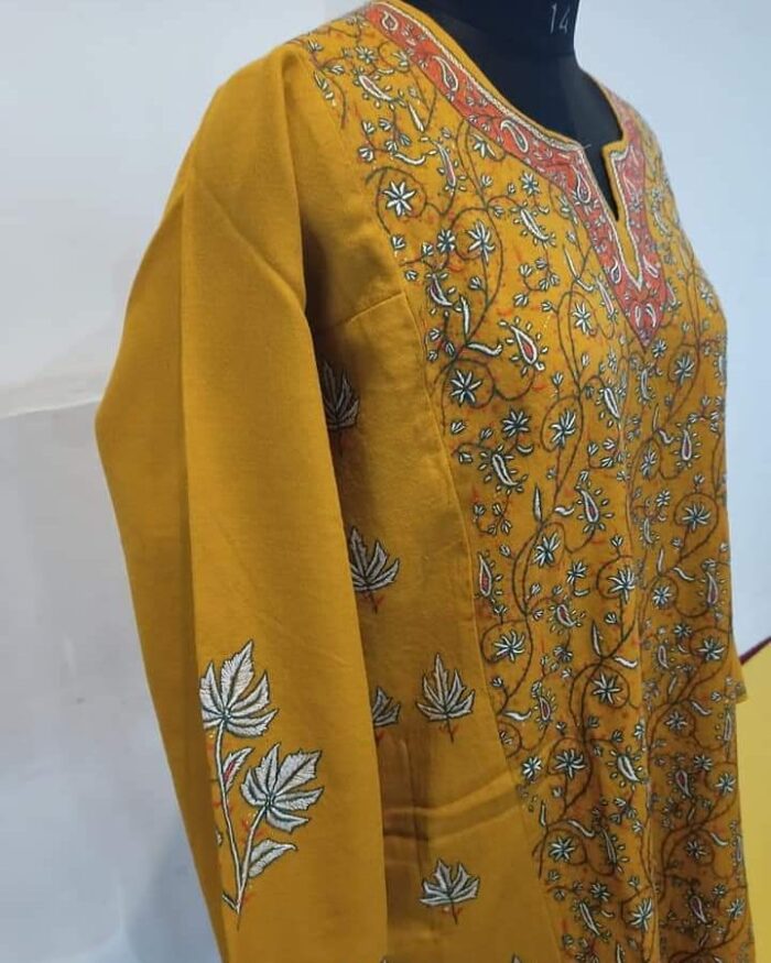 Mustard Pure Raffal Pheran With Beautiful Hand Sozni Work - Image 2