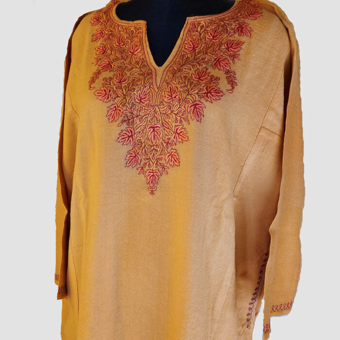 Pure Raffal Wool Orange Pheran With Hand Sozni Work