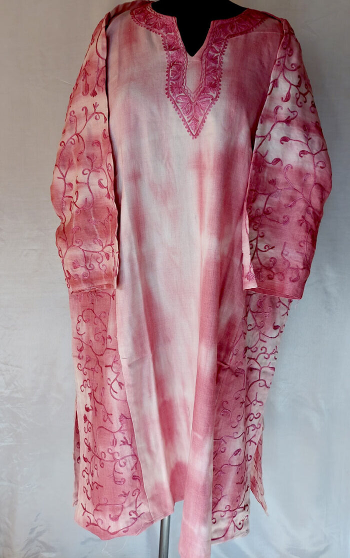 Pink Tie and Dye Cashmilon Pheran with Aari Work - Image 2