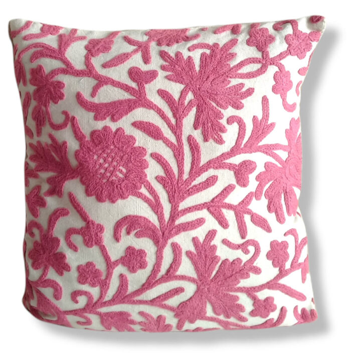 Pink Hand Embroidered Crewel 16×16 Cushion Cover